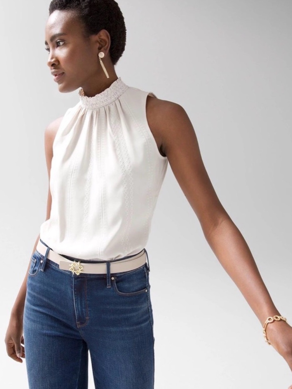 WHBM Contrast Stitch Oat Sleeveless Top Blouse 6 NWT